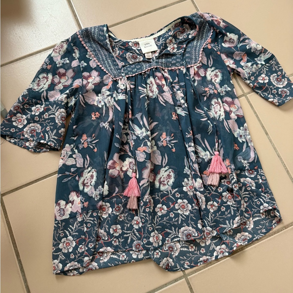 Floral Blouse with Pink Tassels